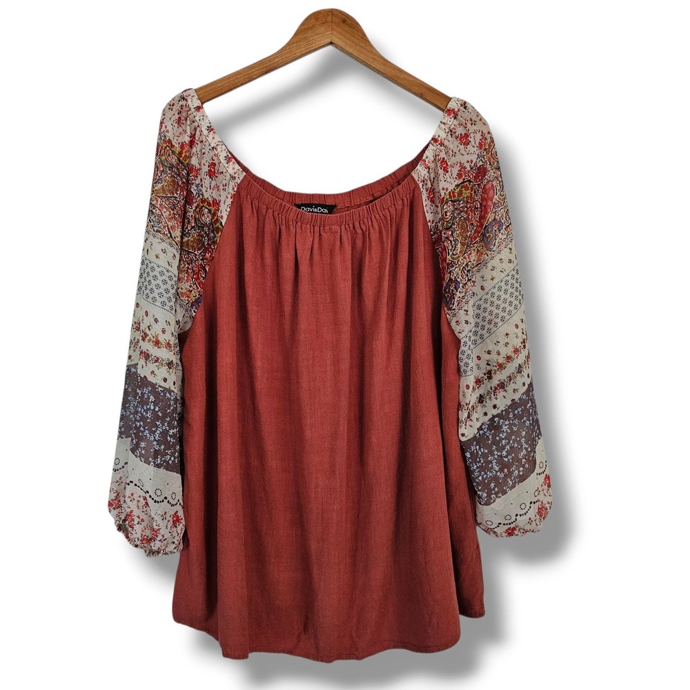 Davi & Dani Top 3XL Womens Terracotta Mixed Print Boho Peasant Linen Blend Fall